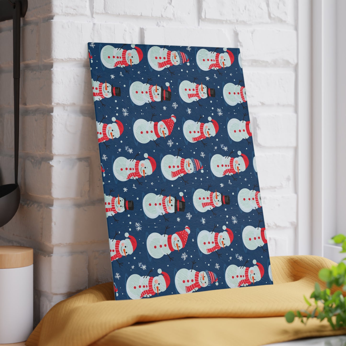 Snowman Pattern Glass Cutting Board — Festive Holiday Kitchen Decor