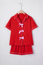 Fiery Red Contrast Trim Ribbon Bow Short Silky 2pcs Pajama Set