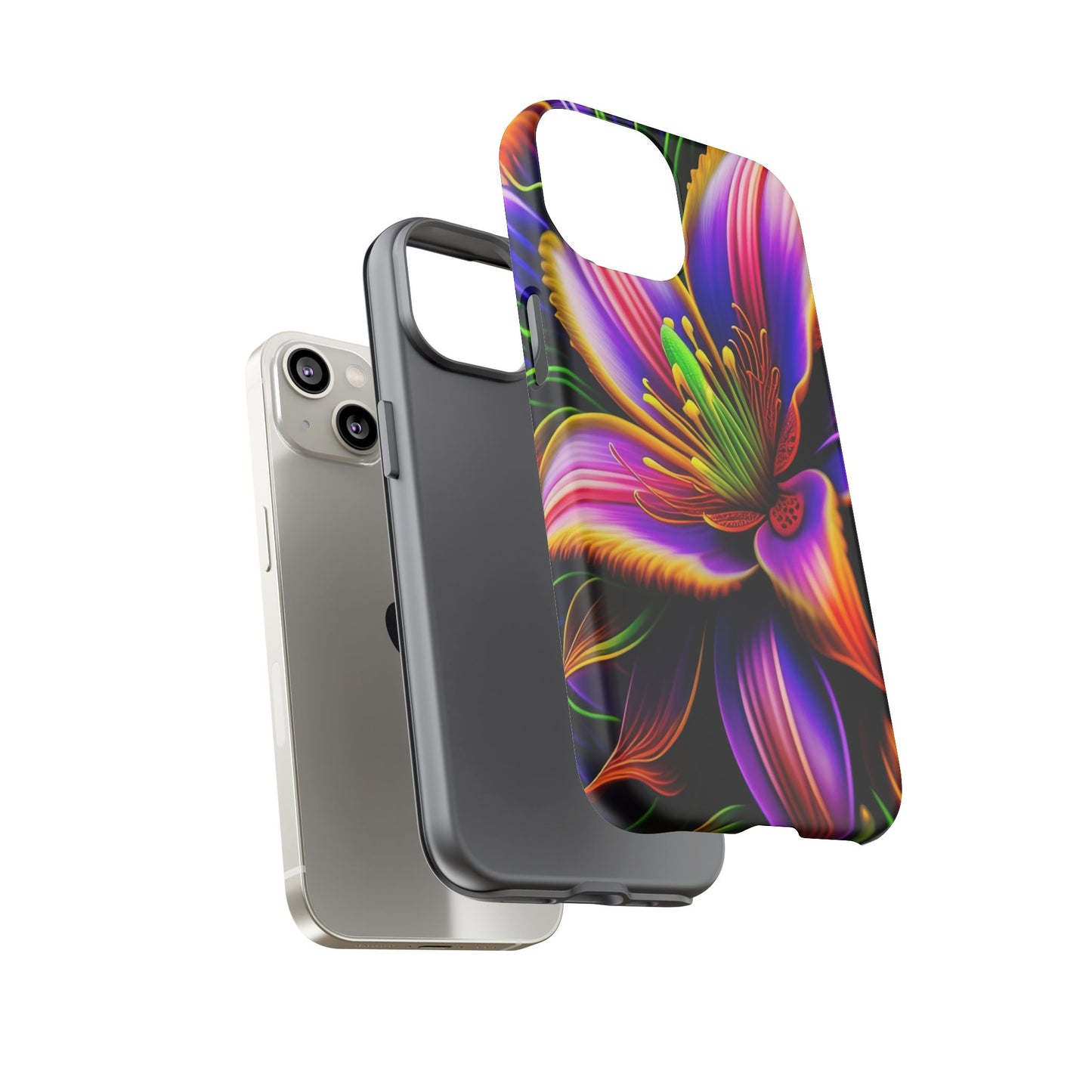 Floral Neon Tough Phone Case — Vivid Purple & Orange Lily Protective Cover