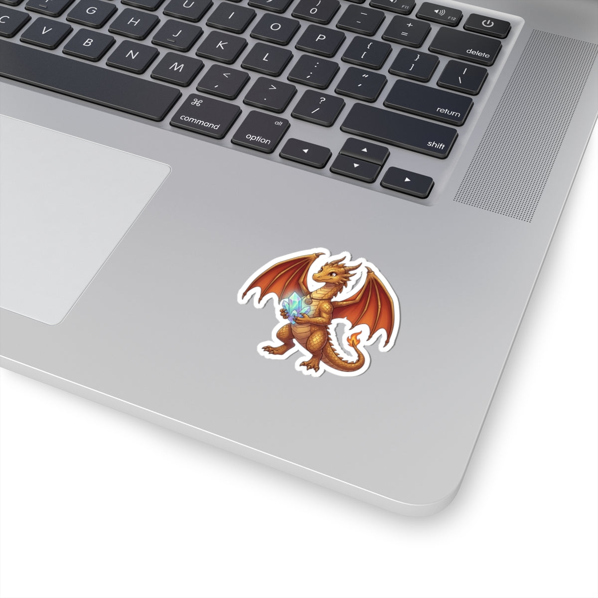 Golden Dragon Sticker — Cute Fantasy Dragon Holding Crystal Kiss-Cut Vinyl Sticker