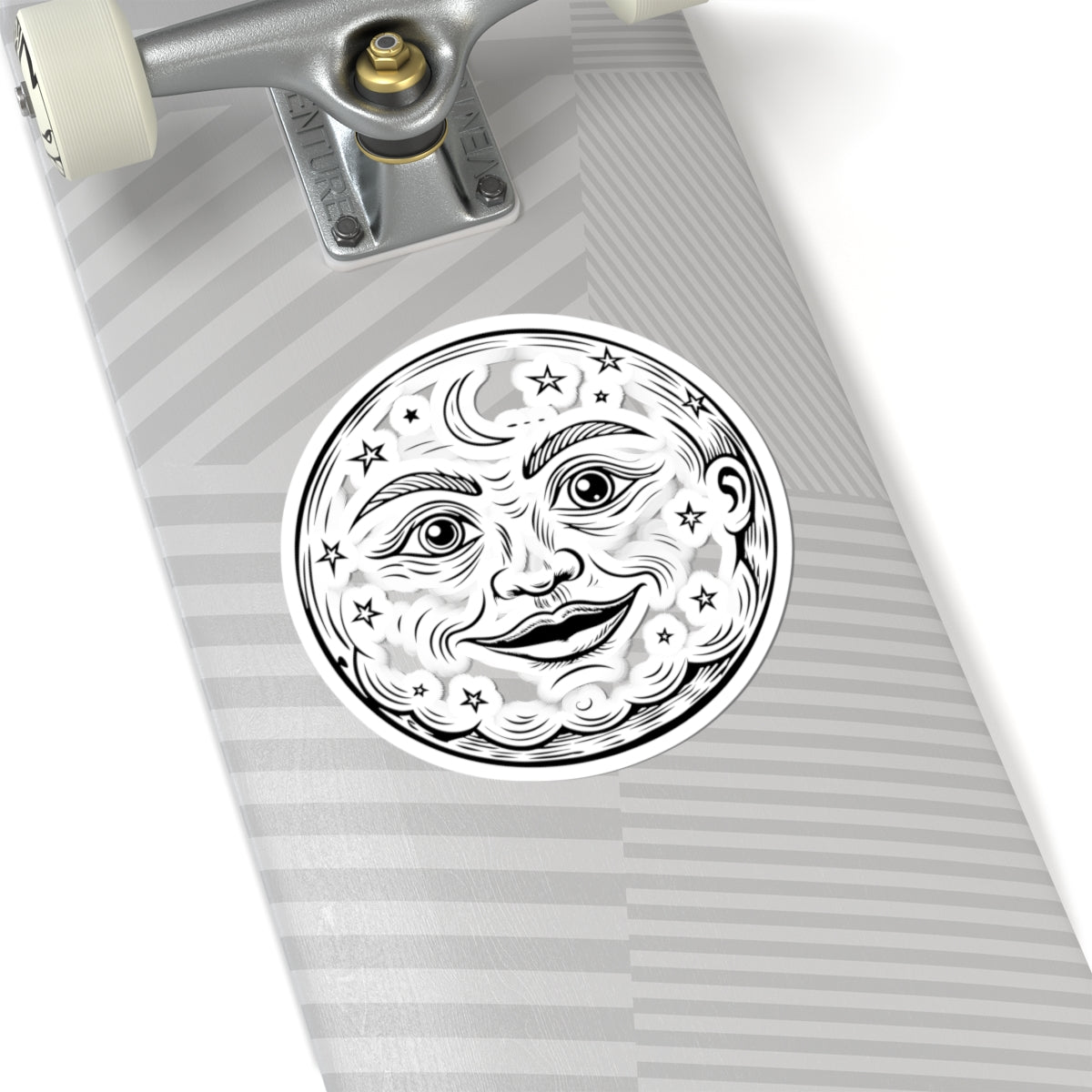 Vintage Moon Face Kiss-Cut Sticker — Celestial Stars & Crescent Design