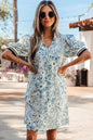 Blue Floral Print Striped Webbing Patchwork Collar Short Sleeve Mini Dress