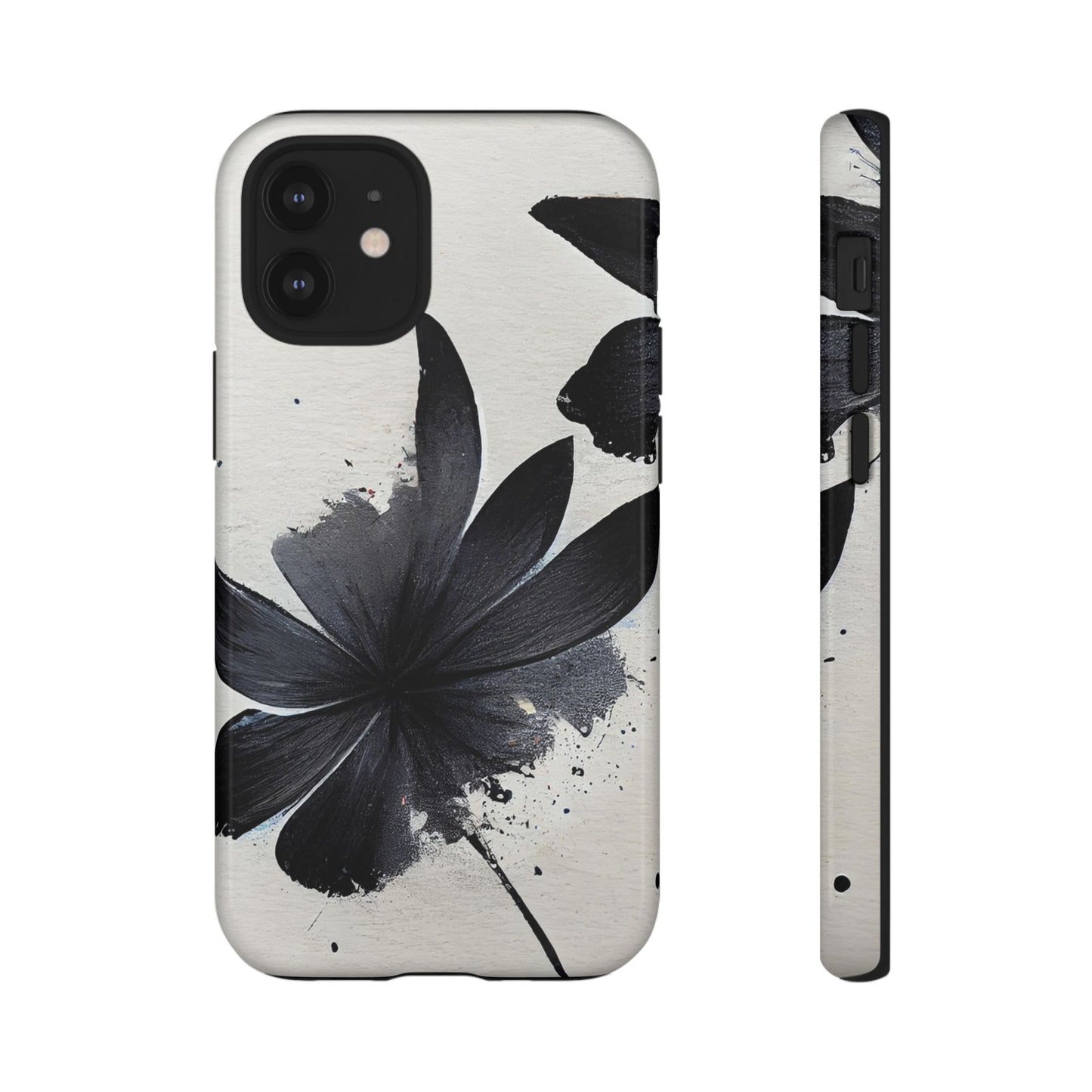 Monochrome Floral Tough Phone Case — Black Ink Flower Protective Cover