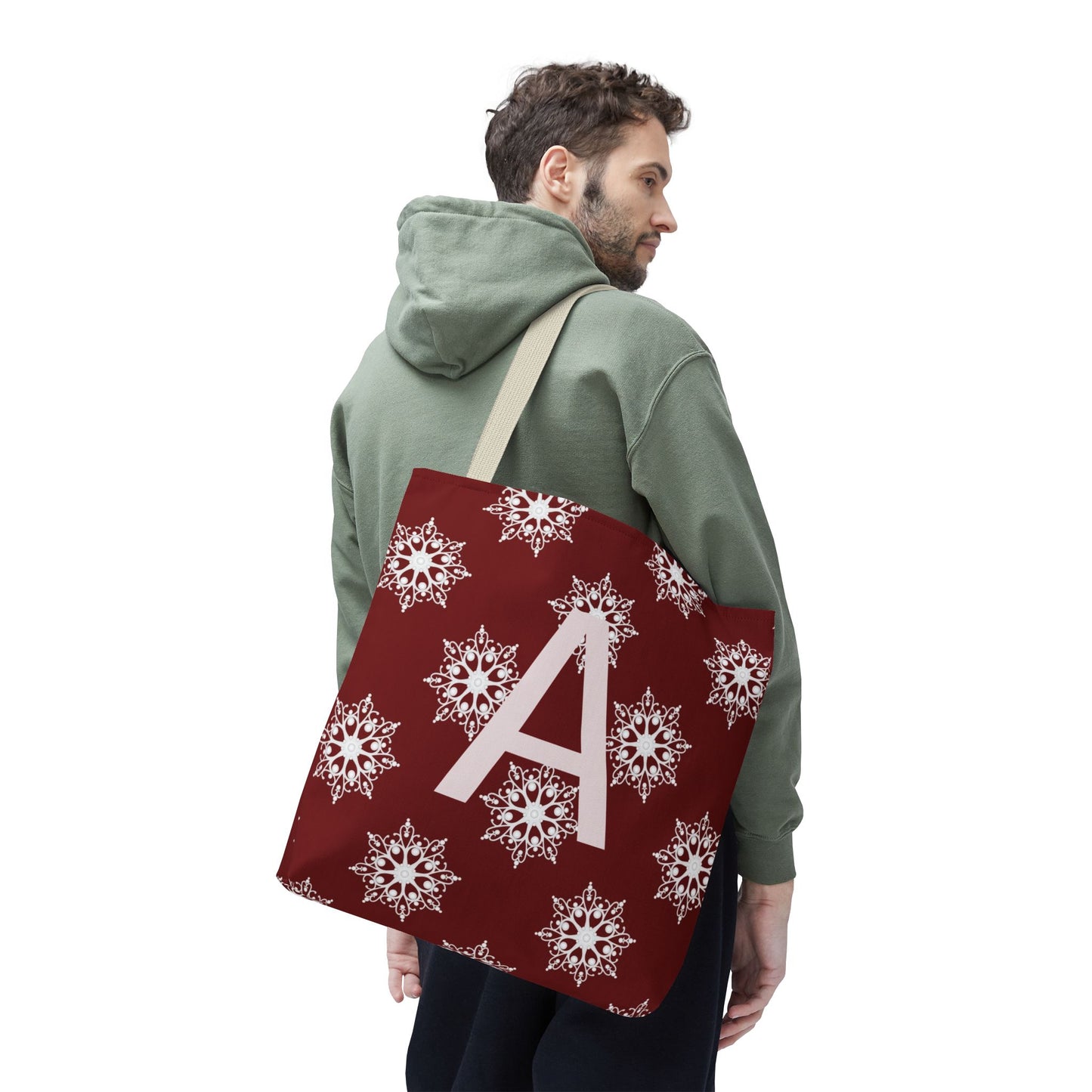 Monogram A Snowflake Tote Bag — Personalized Holiday AOP Tote