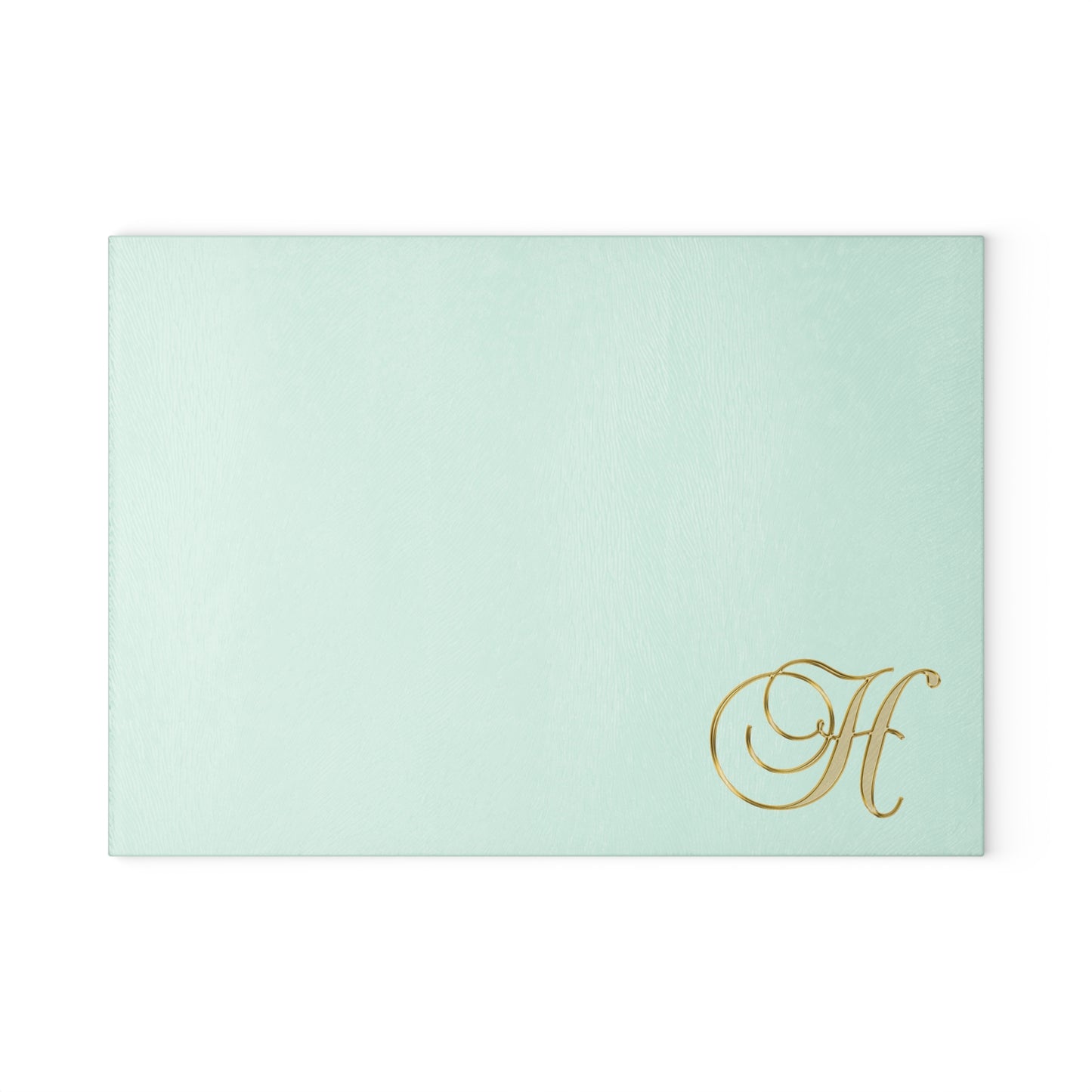Monogram Glass Cutting Board — Mint with Gold Script "H"