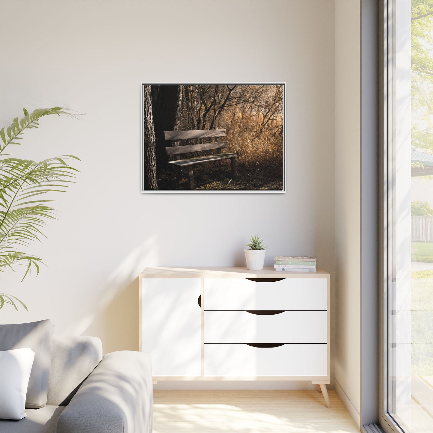 Framed Matte Canvas Print — Autumn Park Bench Photography