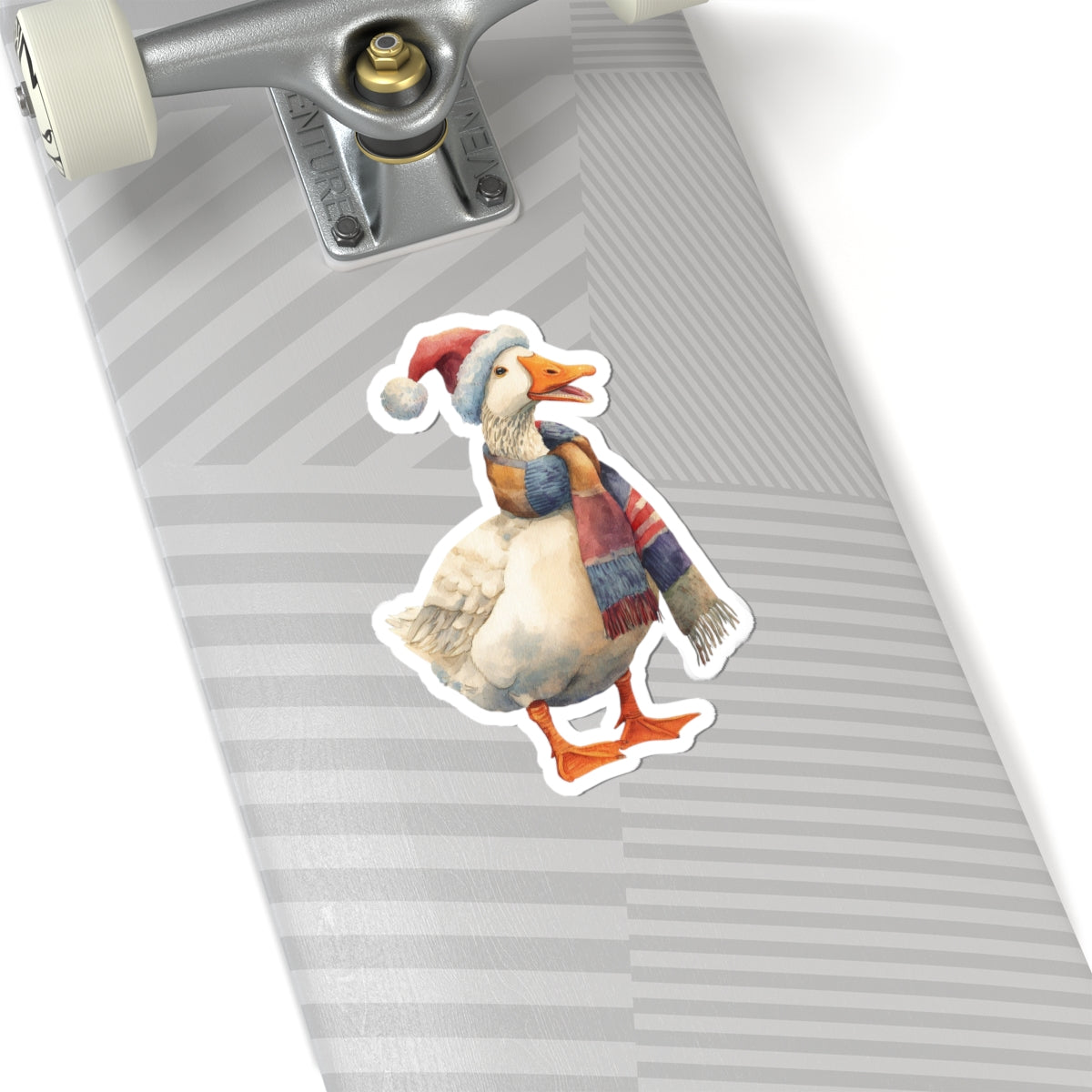 Festive Goose Kiss-Cut Sticker — Holiday Duck with Santa Hat & Cozy Scarf