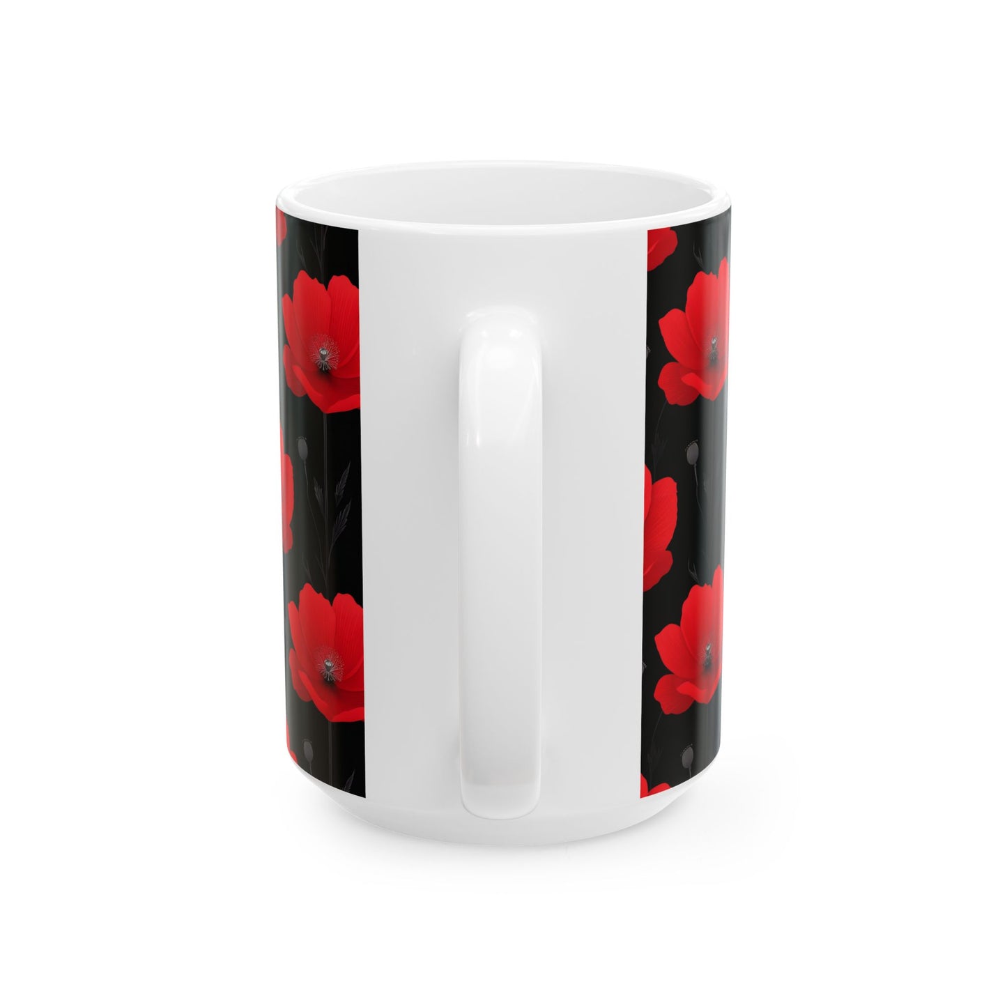 Red Poppy Floral Mug — Black Background Ceramic Coffee Cup (11oz, 15oz)