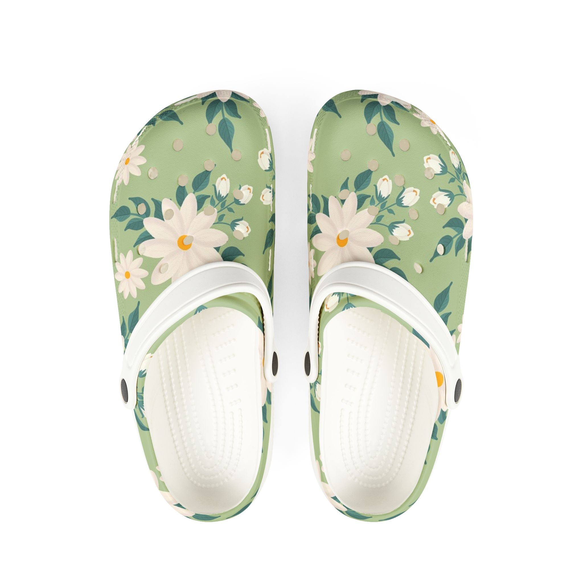 Floral Garden EVA Clogs — Lightweight Green Daisy Slip‑Ons
