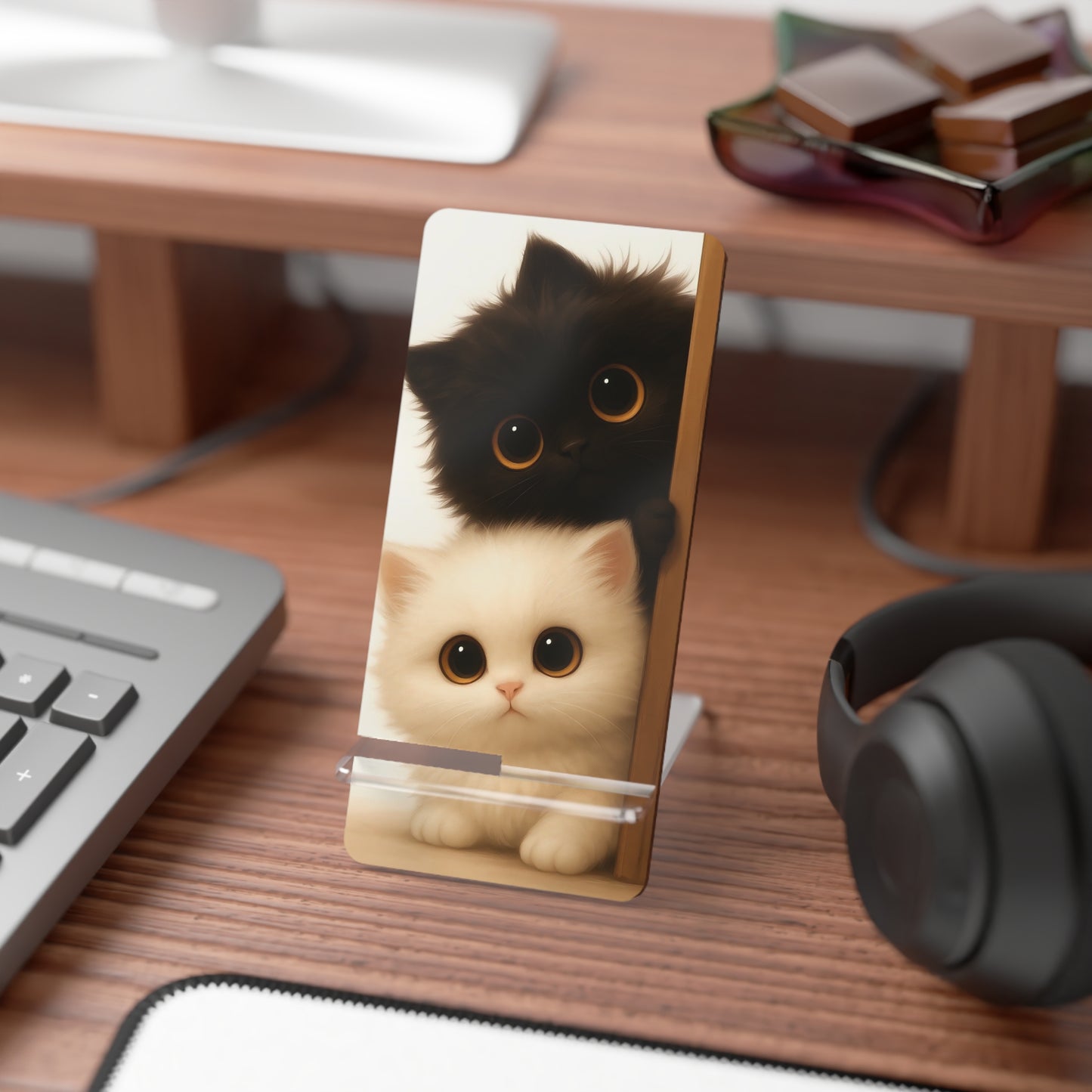 Cute Kittens Smartphone Stand — Foldable Mobile Display Stand with Adorable Black & White Cat Design