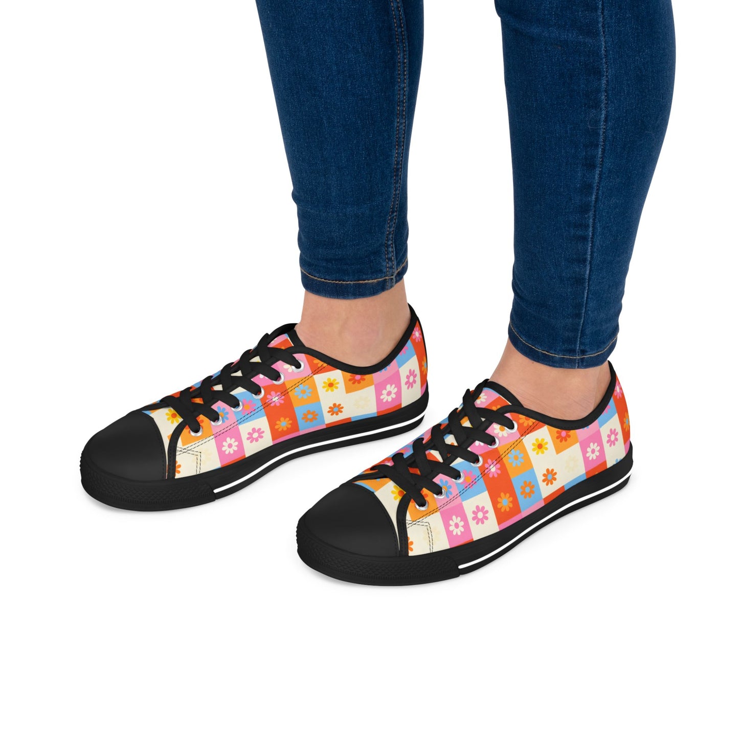 Floral Checkered Low Top Sneakers — Retro 60s-Inspired Casual Shoes