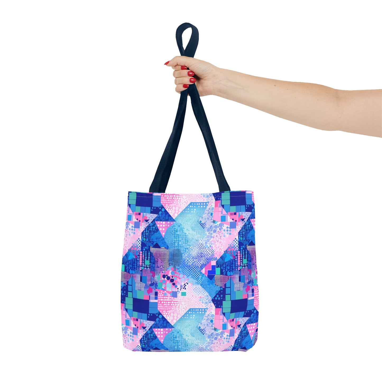 Abstract Blue Pink Geometric Tote Bag — Colorful Patterned All-Over Print Tote