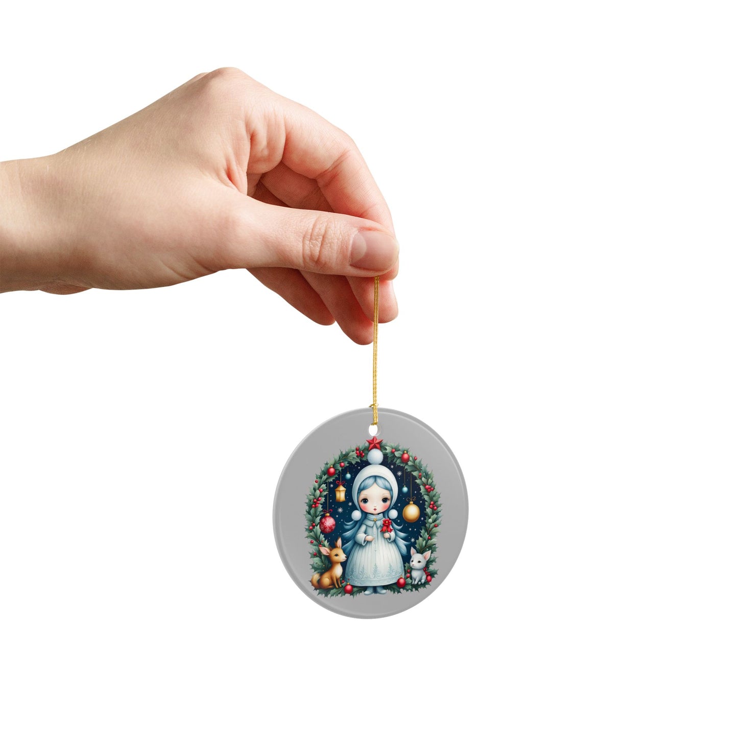 Snow Maiden Ceramic Christmas Ornament — Cute Winter Girl Wreath Design (2-Sided)
