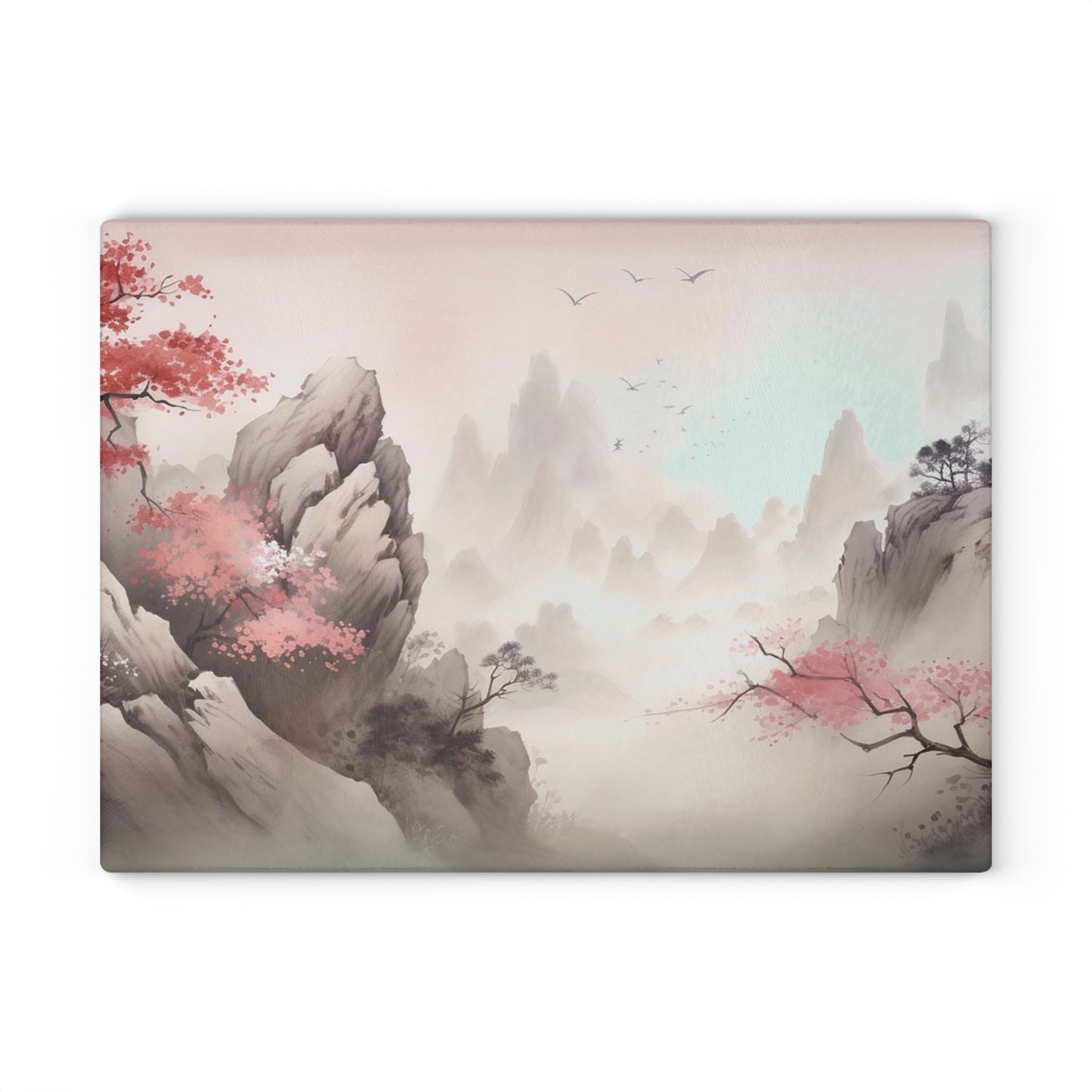 Glass Cutting Board — Pastel Japanese Landscape with Cherry Blossoms