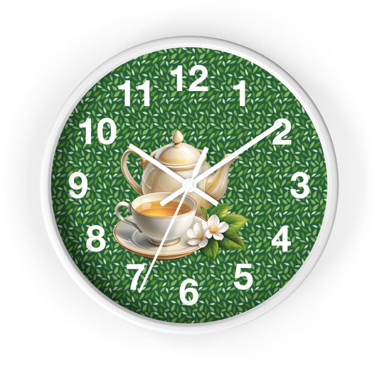 Tea Time Wall Clock, Home Decor, Gift for Tea Lovers, Kitchen Clock, Greenery Design, Vintage Style Decor, Hygge Home Accent