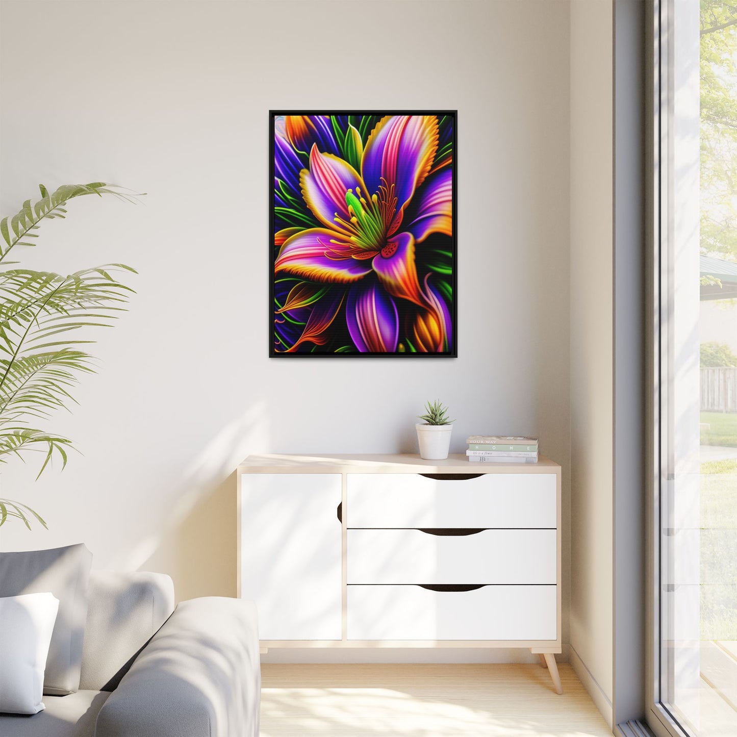 Vibrant Neon Floral Matte Canvas Print — Framed Wall Art