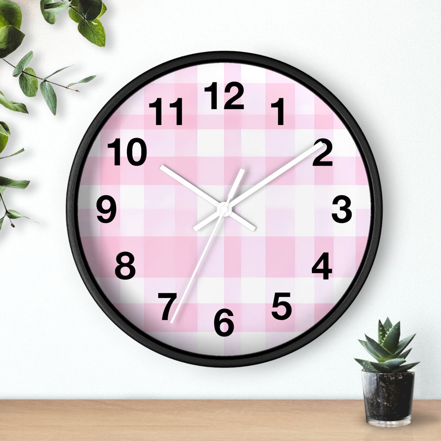Pink Gingham Wall Clock — Cute Check Pattern Clock for Nursery & Kitchen