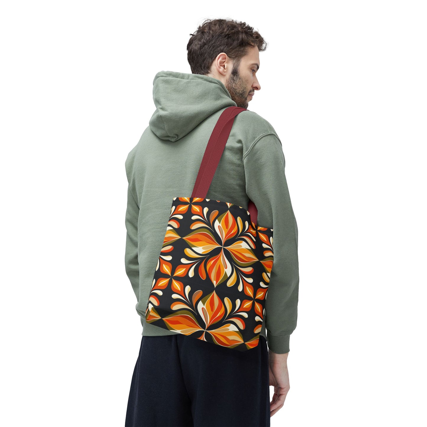 Retro Floral Tote Bag — Orange & Black Boho Pattern
