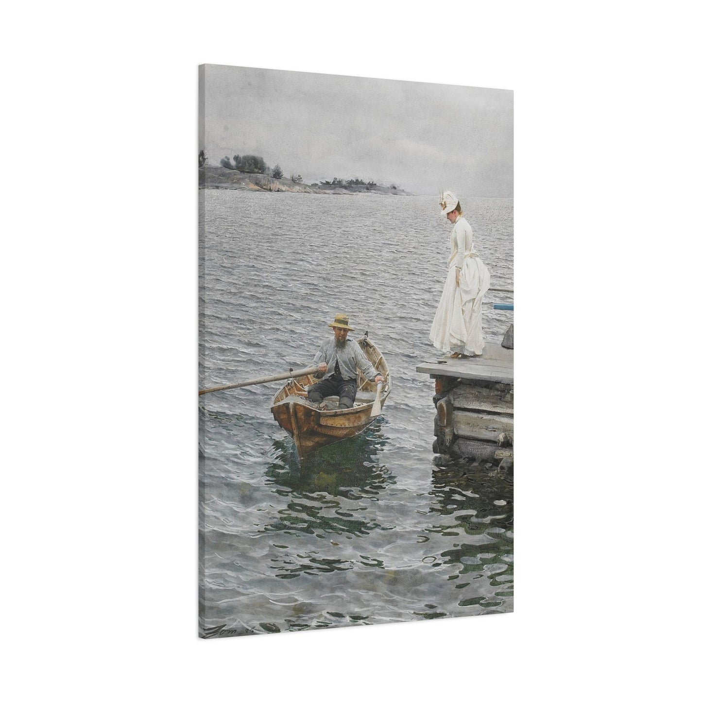 Seaside Stroll Canvas Print — Vintage Woman & Rowboat Matte Stretched Art 1.25"