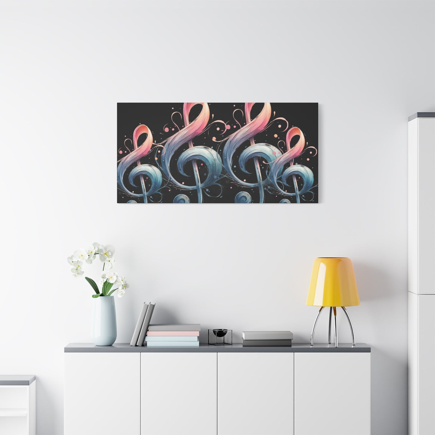 Musical Treble Clef Canvas Wall Art — Pastel Ribbon Notes on Black