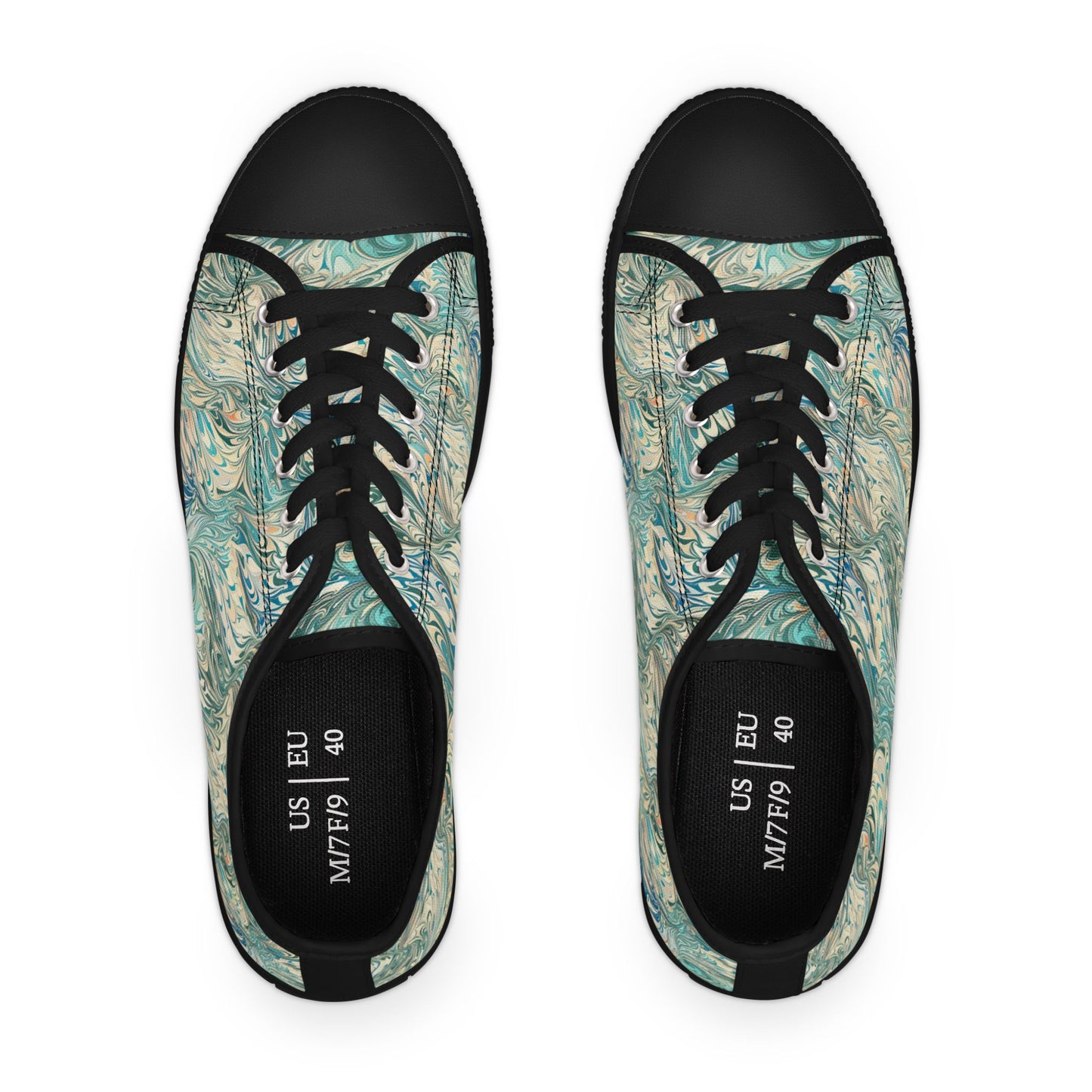 Low Top Sneakers — Teal Swirl Floral Pattern Casual Shoes