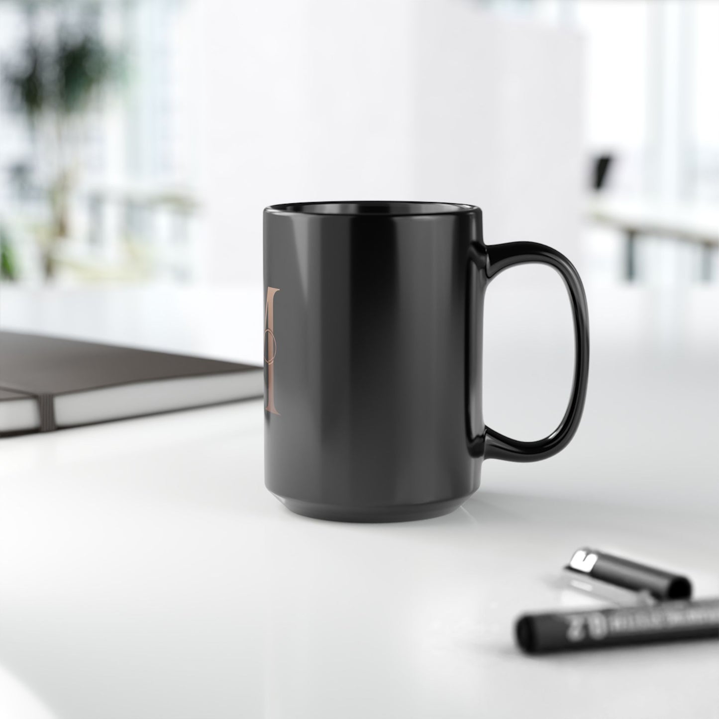 Monogram M Black 15oz Coffee Mug — Elegant Rose Gold Initial Mug