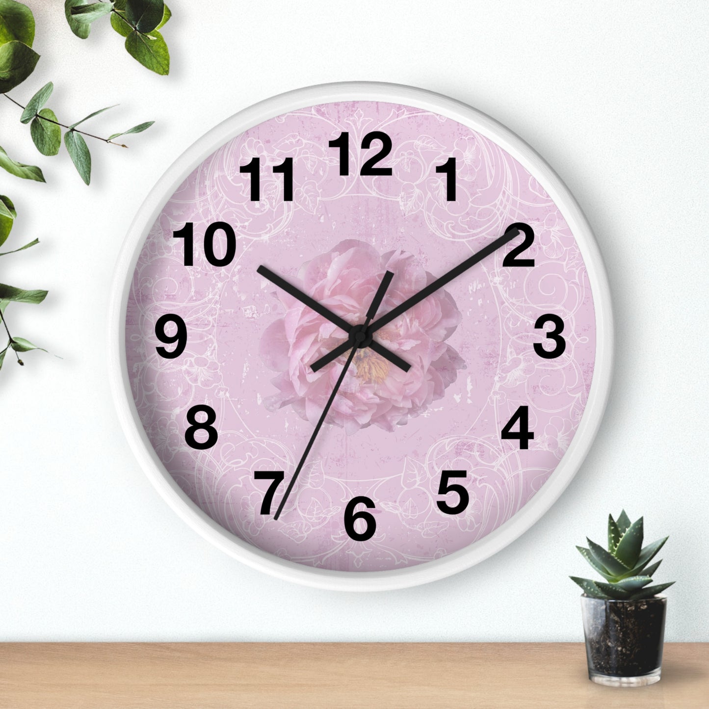 Pink Floral Wall Clock — Romantic Rose Decorative Clock for Bedroom, Nursery, or Gift