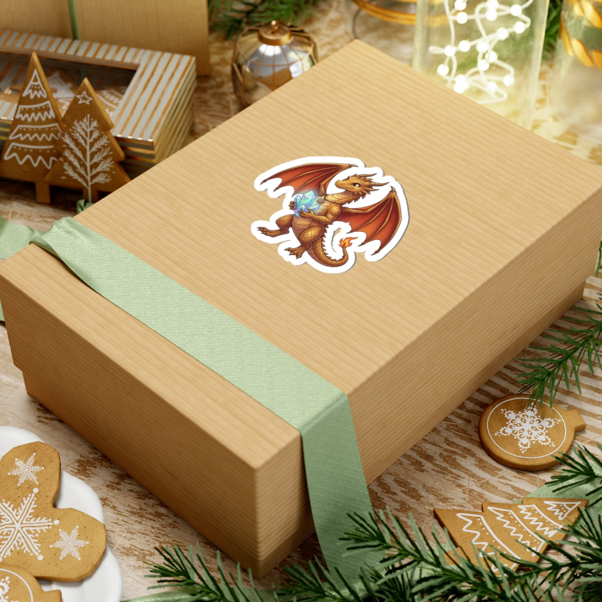 Golden Dragon Sticker — Cute Fantasy Dragon Holding Crystal Kiss-Cut Vinyl Sticker