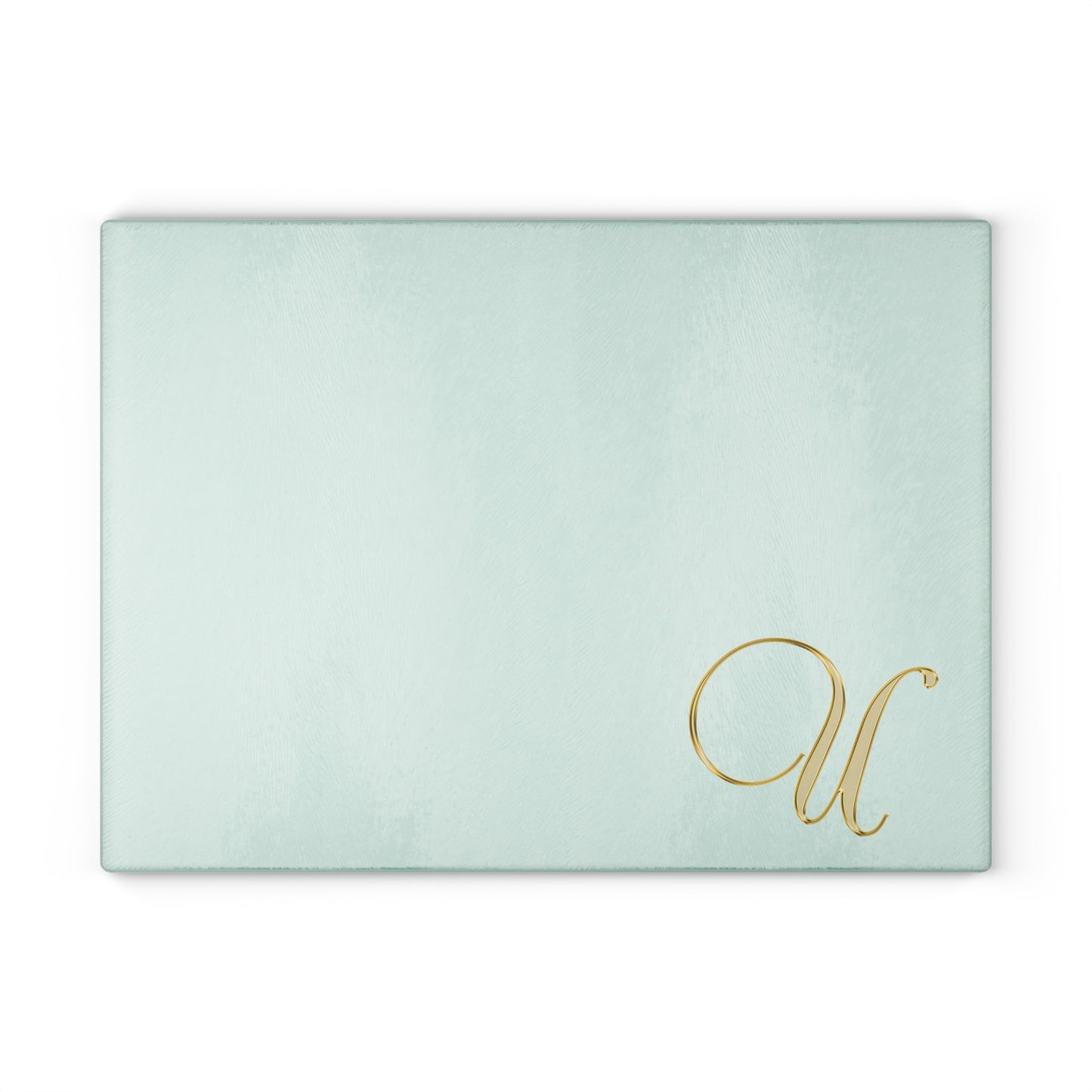 Monogram Glass Cutting Board – Mint Aqua with Gold Script Letter U