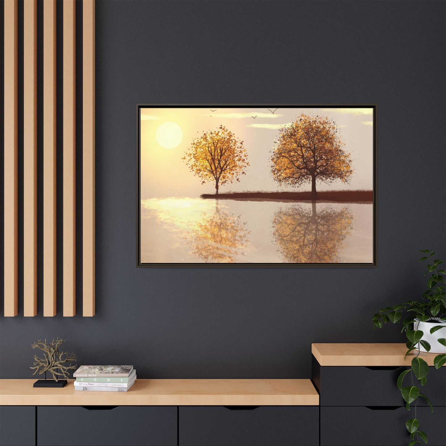 Framed Matte Canvas Wall Art — Golden Autumn Trees Reflection