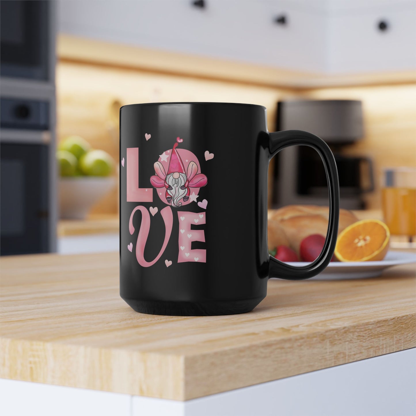 Love Florals 15oz Black Mug — Pink Heart & Lotus Coffee Cup