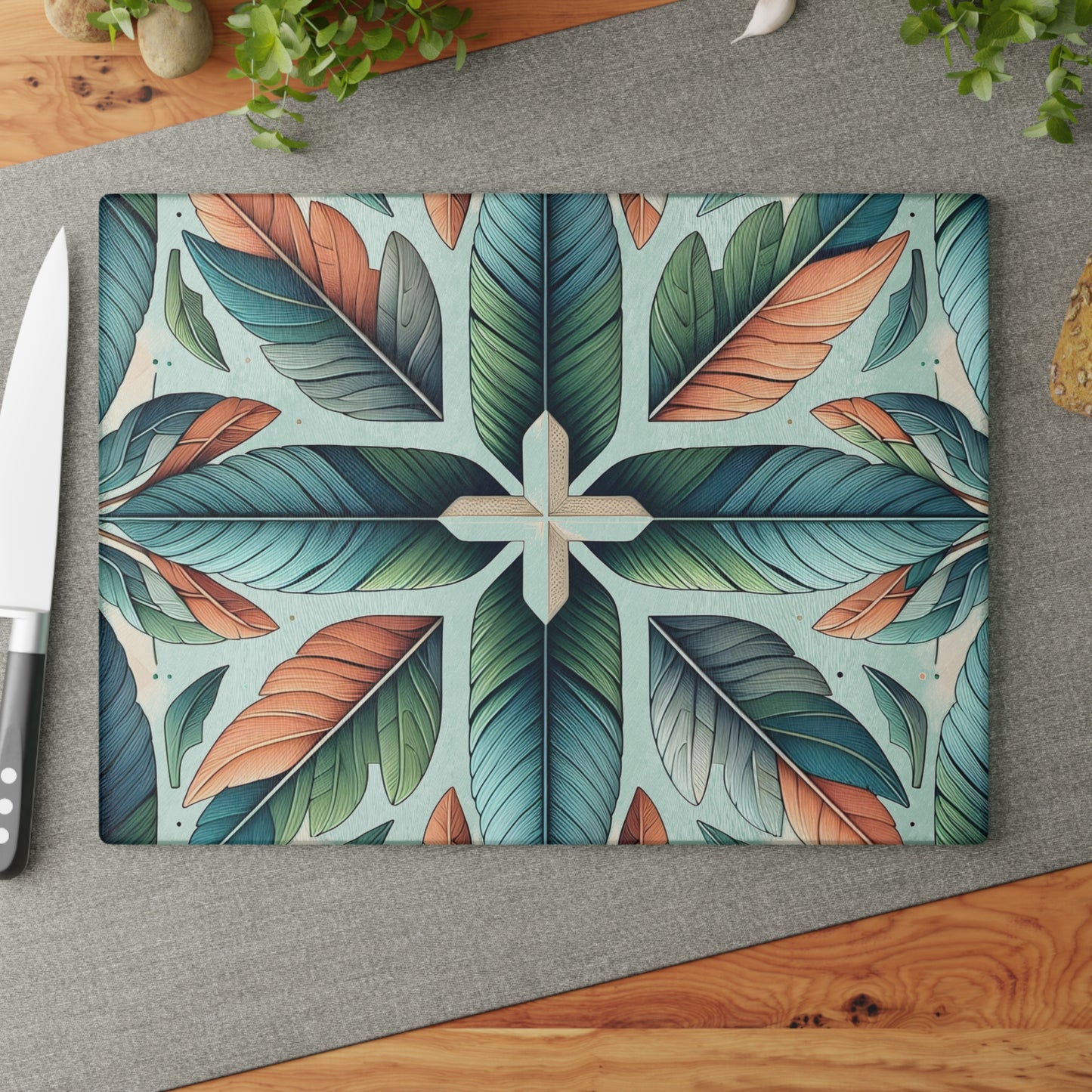 Tropical Leaf Glass Cutting Board — Botanical Decorative Kitchen Board