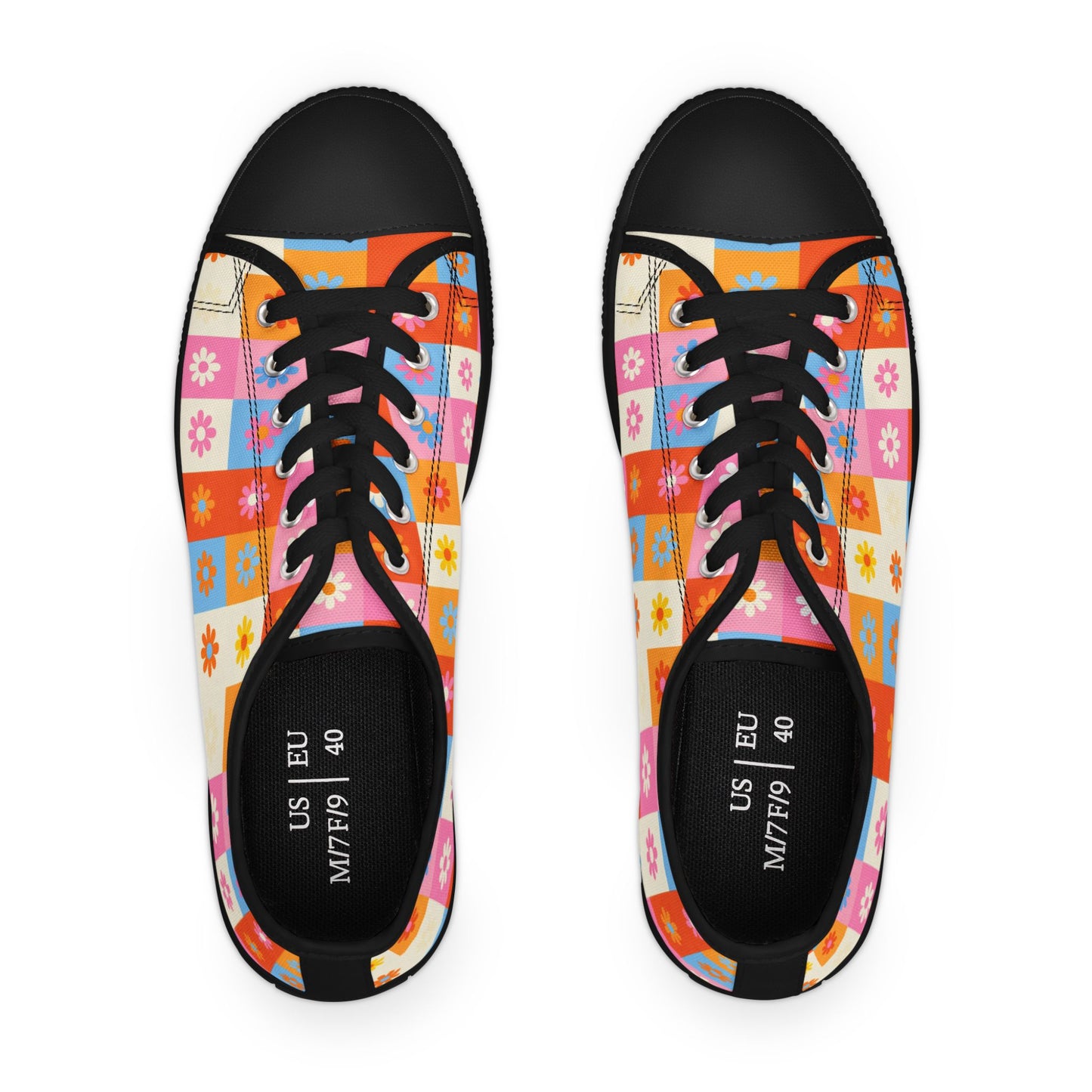 Floral Checkered Low Top Sneakers — Retro 60s-Inspired Casual Shoes