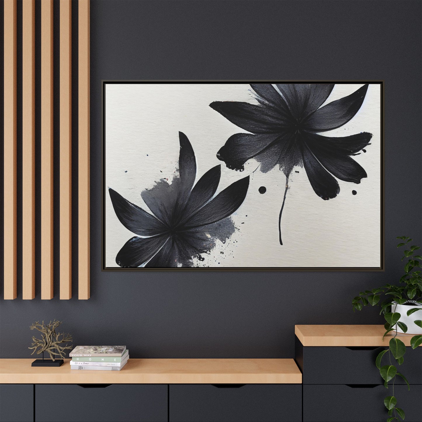 Framed Black Floral Matte Canvas Wall Art — Monochrome Botanical Print