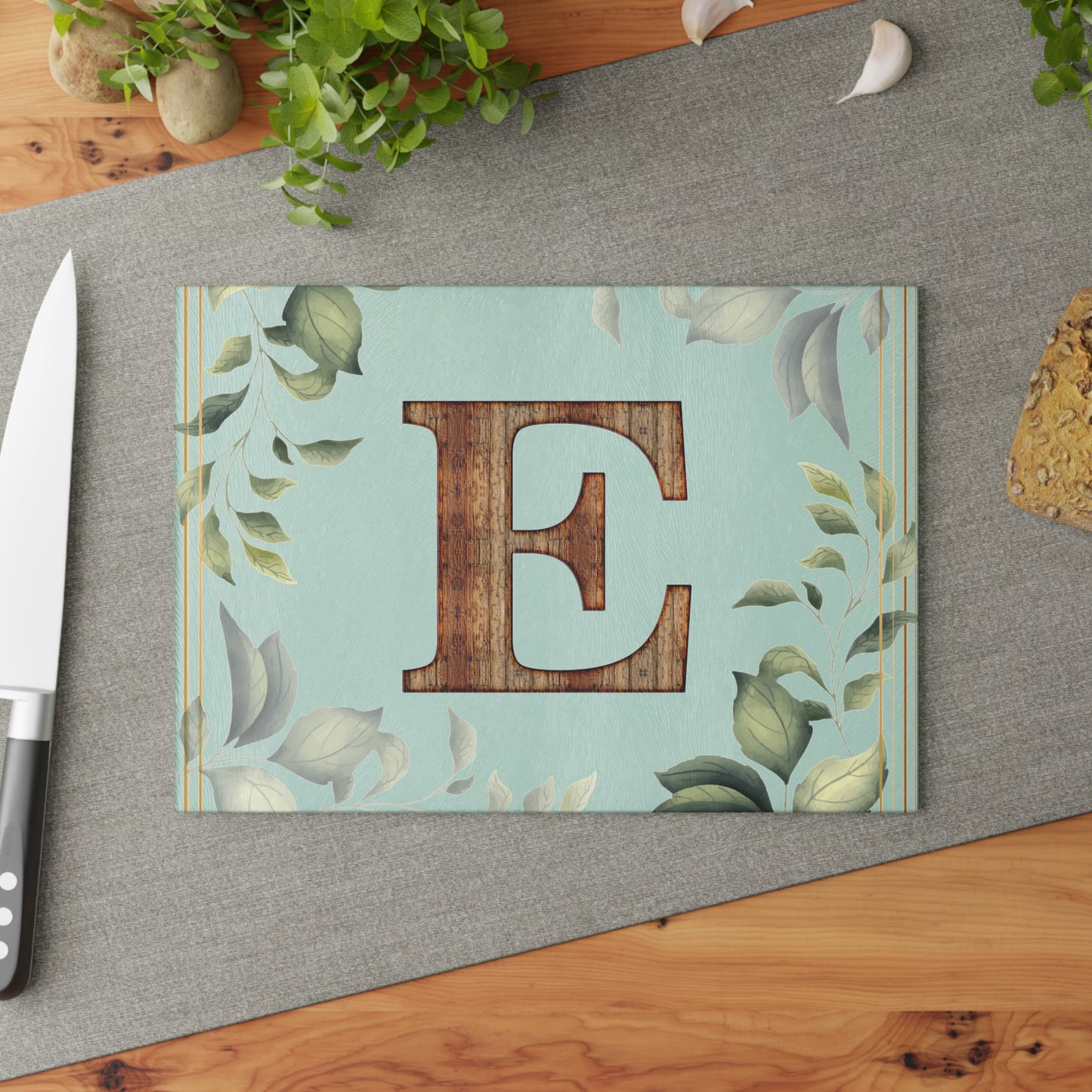 Glass Cutting Board — Monogram 'E' Floral Leaf Kitchen Decor
