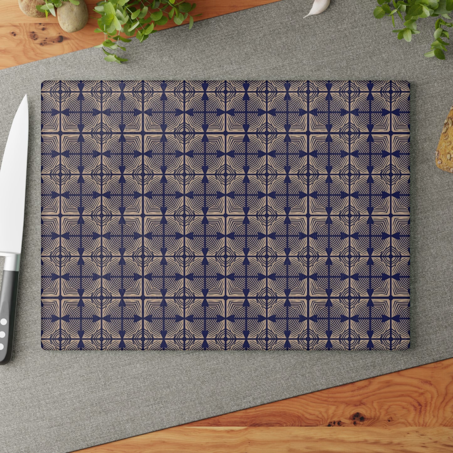 Patterned Glass Cutting Board – Vintage Blue Geometric Tile Design
