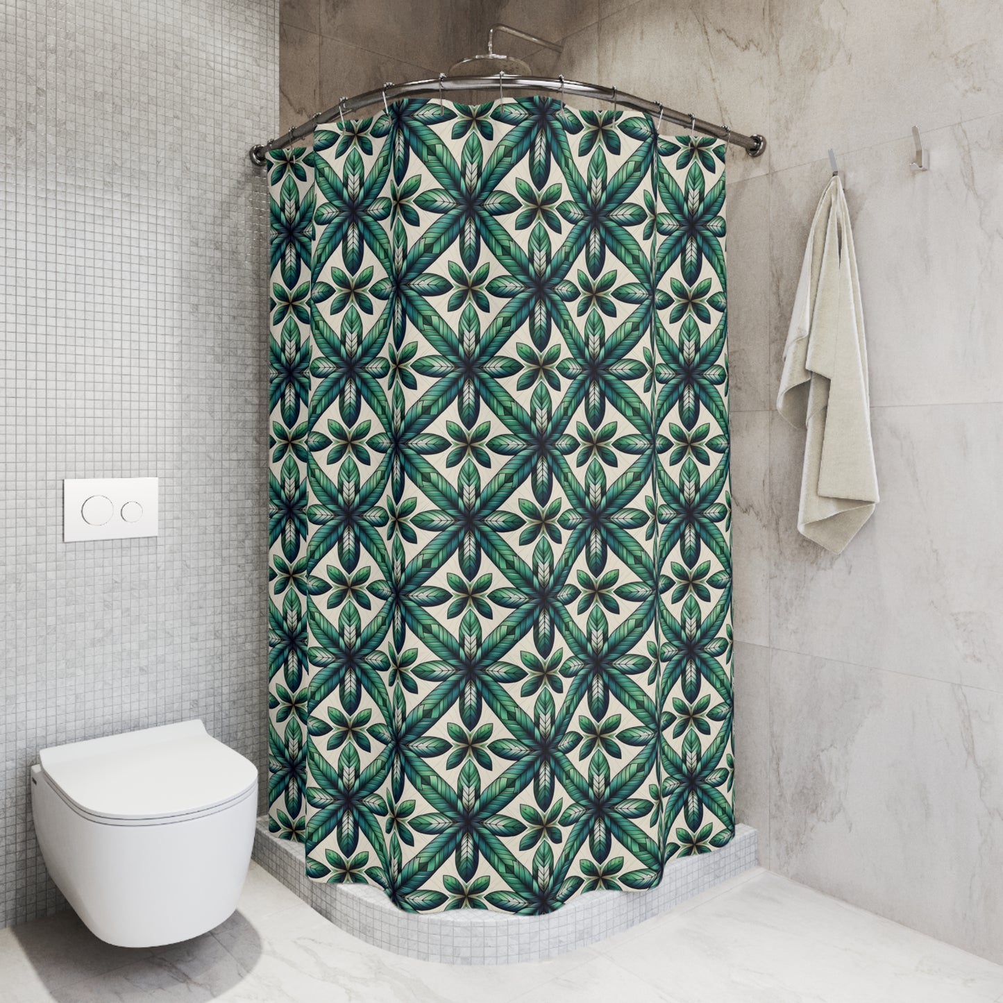 Green Tile Pattern Shower Curtain — Botanical Geometric Bath Decor