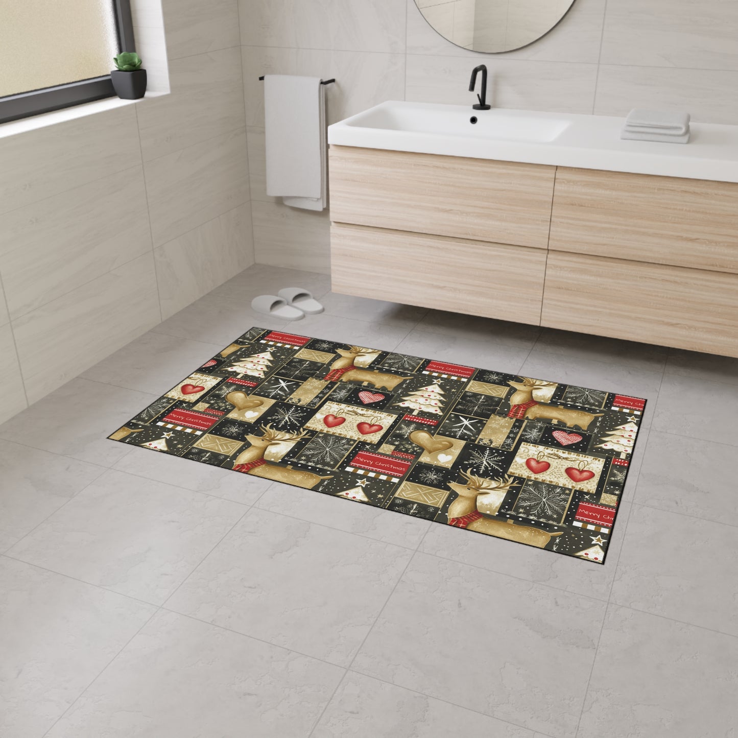 Christmas Reindeer Patchwork Floor Mat — Heavy Duty Holiday Entry Rug