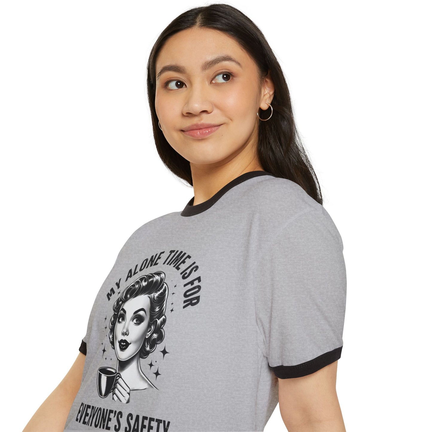 Vintage Retro Ringer T‑Shirt — “My Alone Time Is For Everyone’s Safety” Coffee Graphic