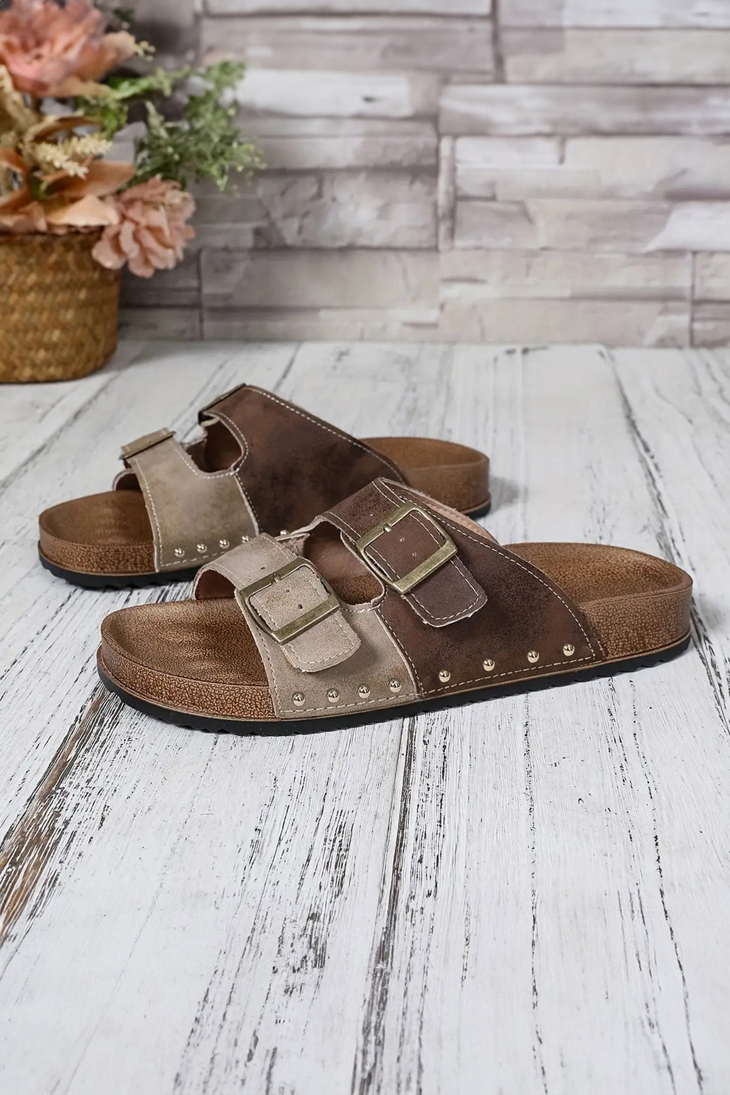 Coffee Leopard Two-tone Retro Buckle Straps Hollowed Faux Suede Sandals