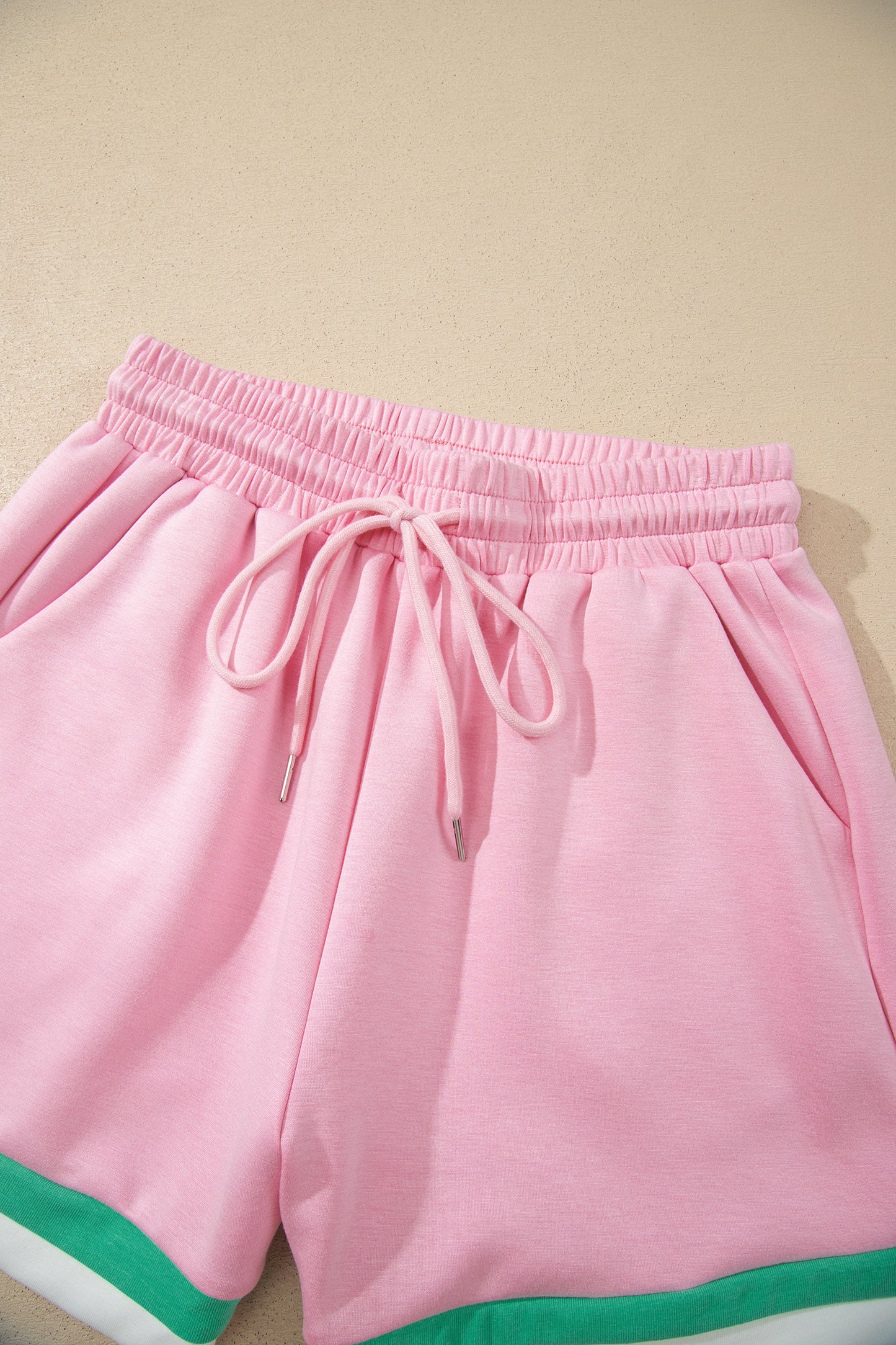 Bonbon Striped Trim Casual Tee Drawstring Shorts 2pcs Set