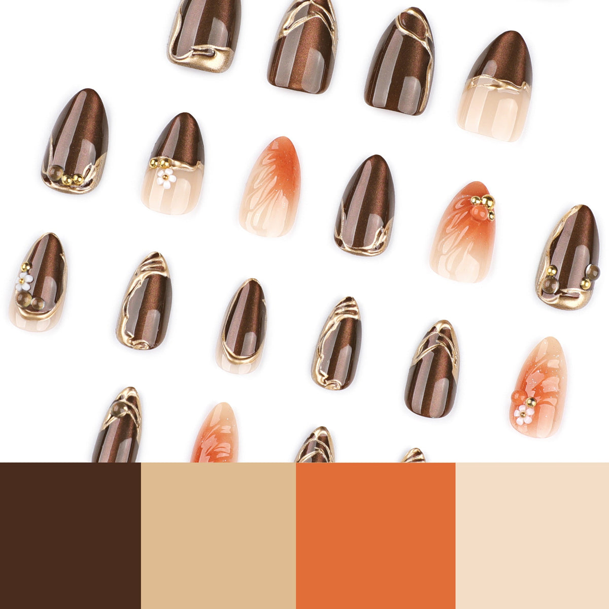 Brown Marble Gold-Accent Floral Press-On Nails – Image 4