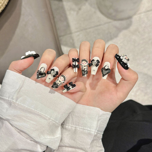 365nails: "Dark Pop Queen" – 3D Doll & Heart Charm Handmade Medium Coffin Nails – Image 2