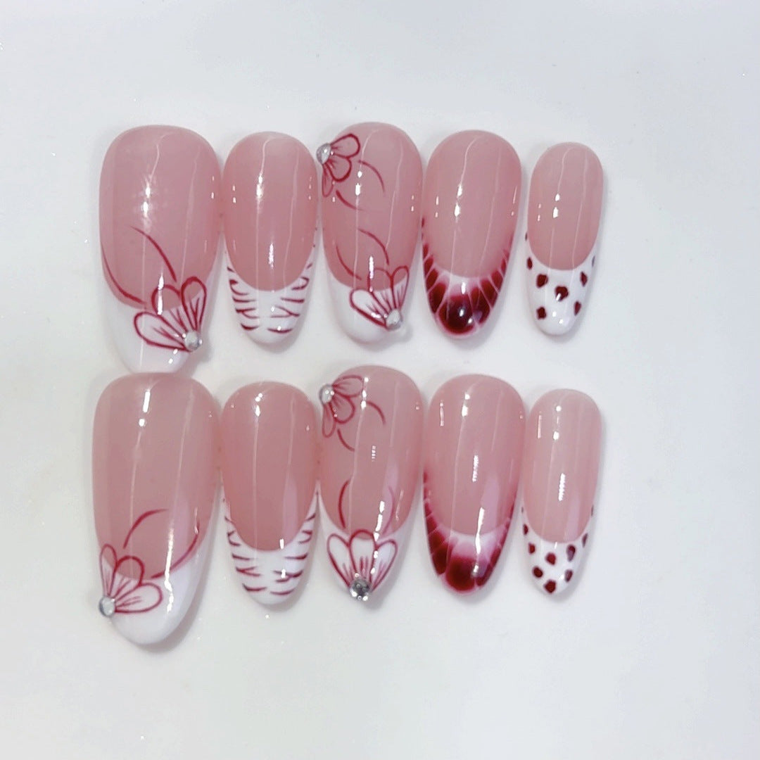 Red Bloom: "Nude Red Floral" – Almond Shape Handmade Press-On Nails