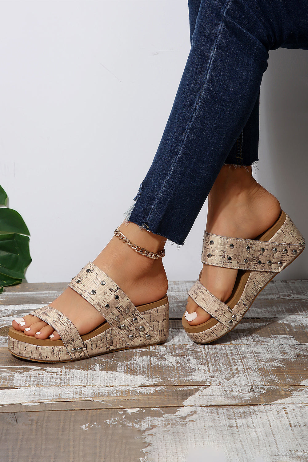 Camel Rivet Double Straps Wedge Sandals