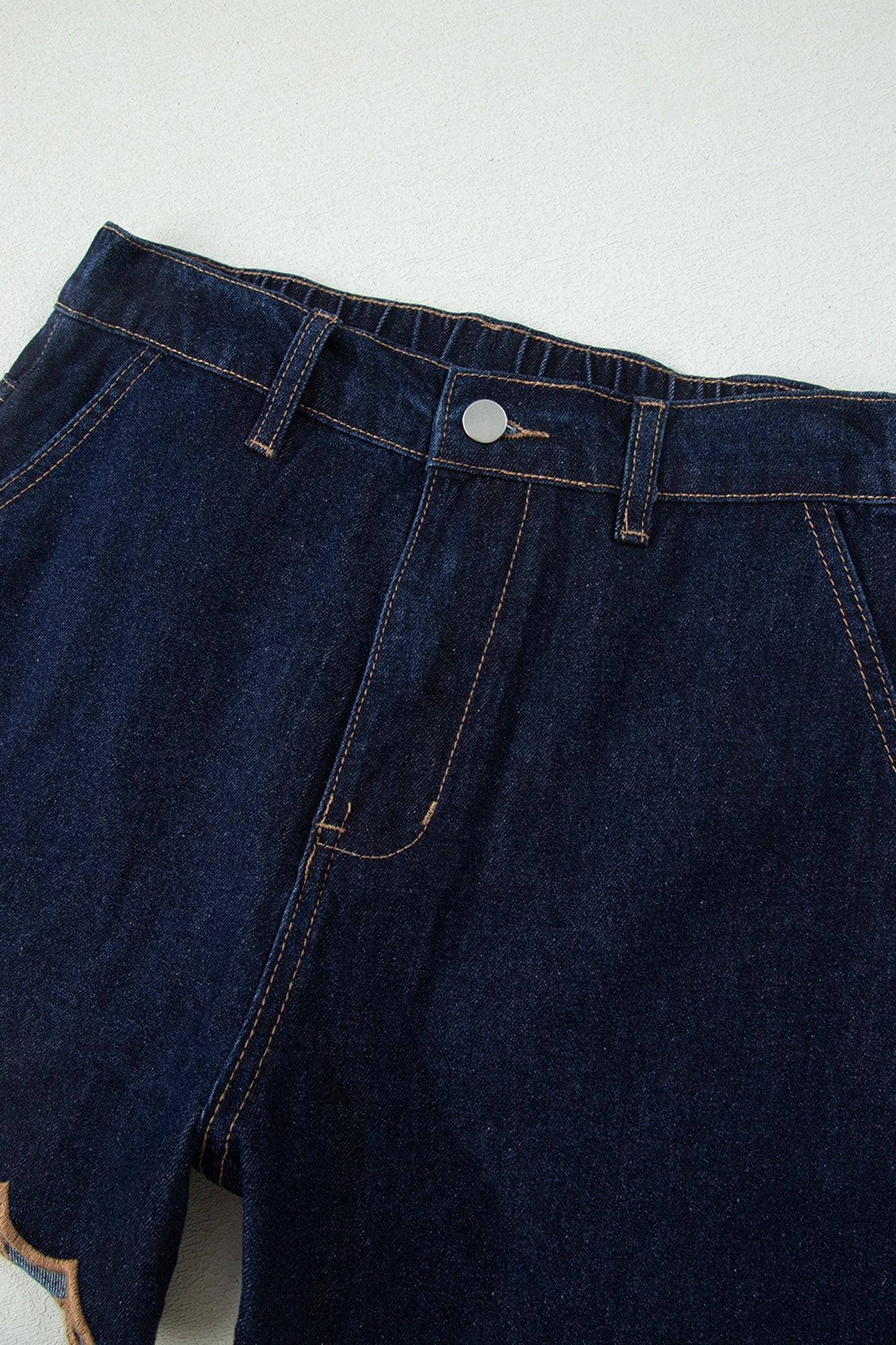 Navy Blue Embroidered Scalloped Trim Relaxed Denim Shorts
