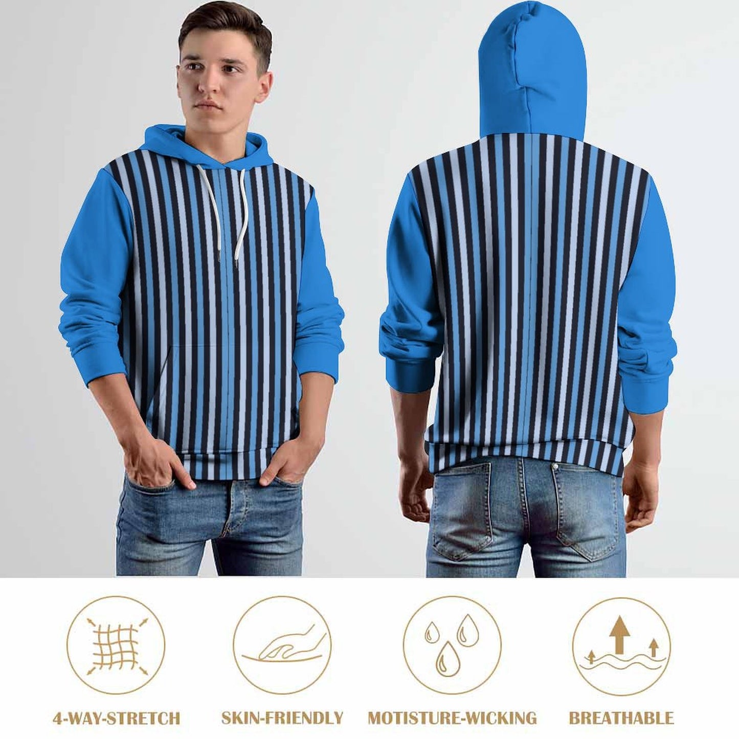 Cool Hoodie with Double-layer Cap Blue Stripes