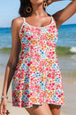 Red Floral Print Ricrac Trim Spaghetti Strap One Piece Swim Dress