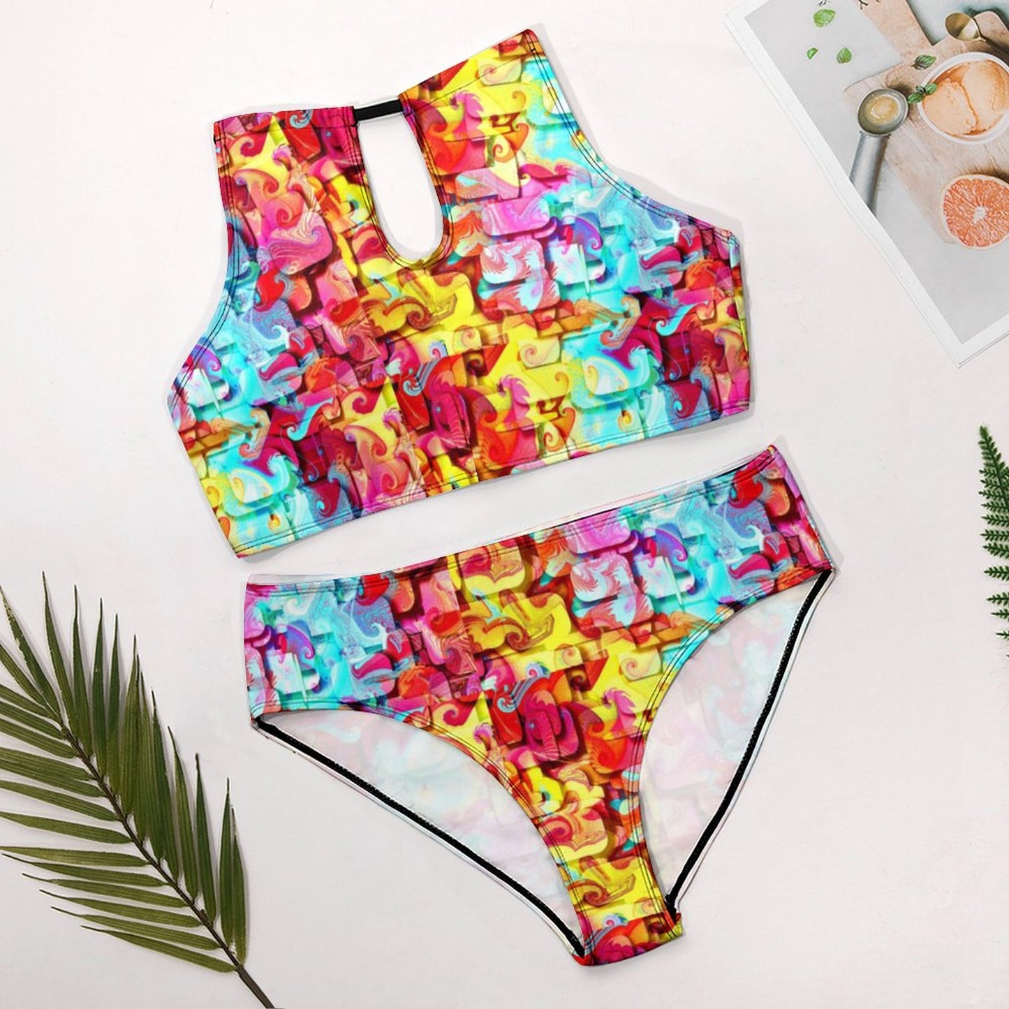 Women's Two piece Swimsuit with High Neck Halter Top Multicolor