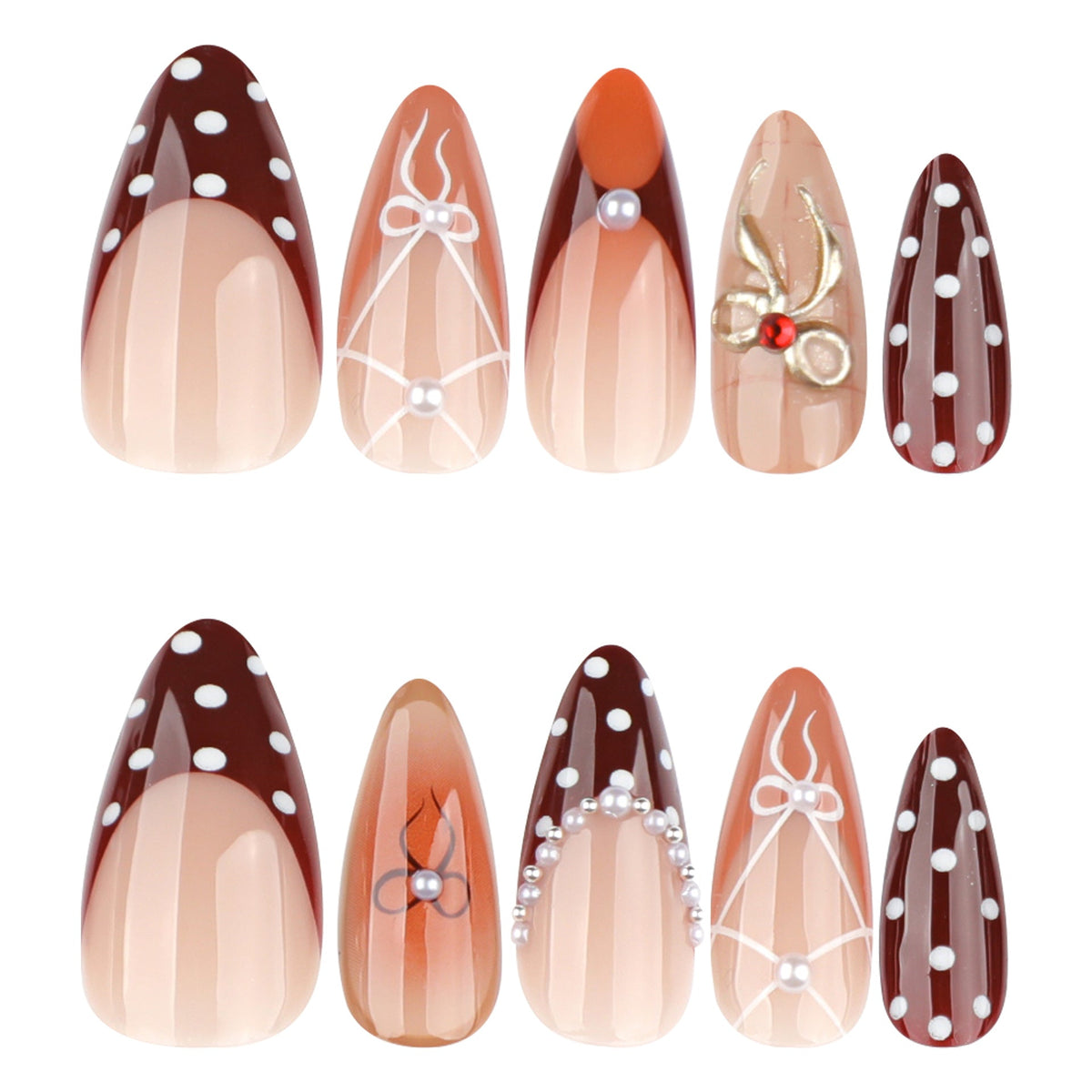 Brown Bow Art Nails with Playful Dot Details – Image 5